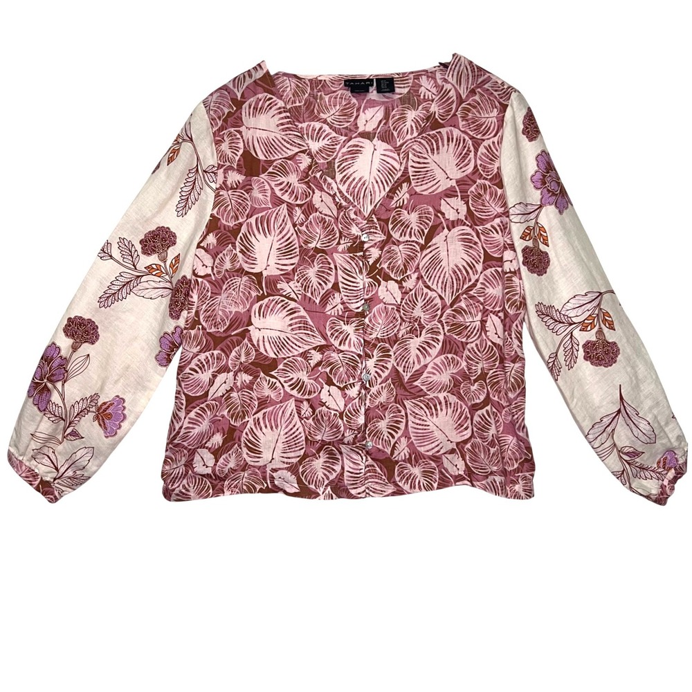 Tahari 100% Linen Pink Floral Tropical Leaf Button Front Blouse Whimsical Size M